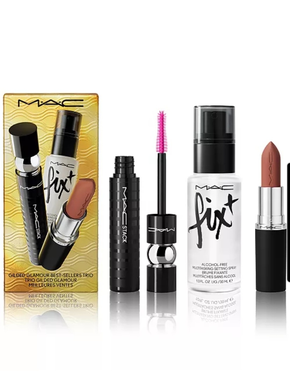 MAC Cosmetics Nude Lipstick, Black Mascara & Clear Fix+ Setting Spray Trio